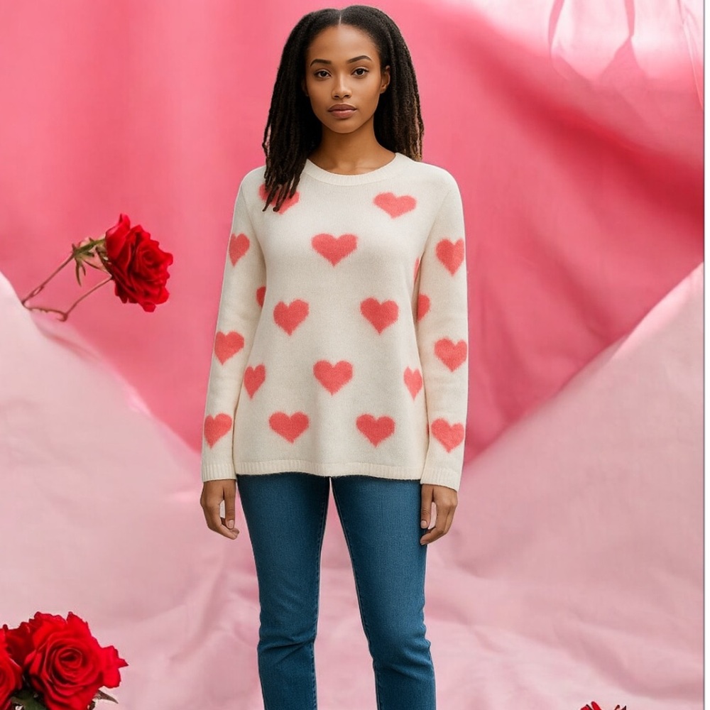 J.NNA Women's Cream Sweater with Red Hearts